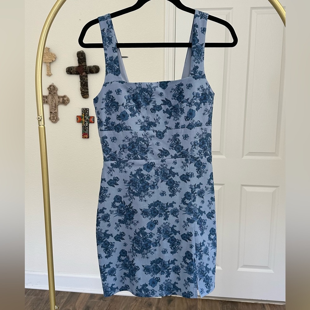 Trixxi Blue Floral Square-Neck Bow Back Mini Dress